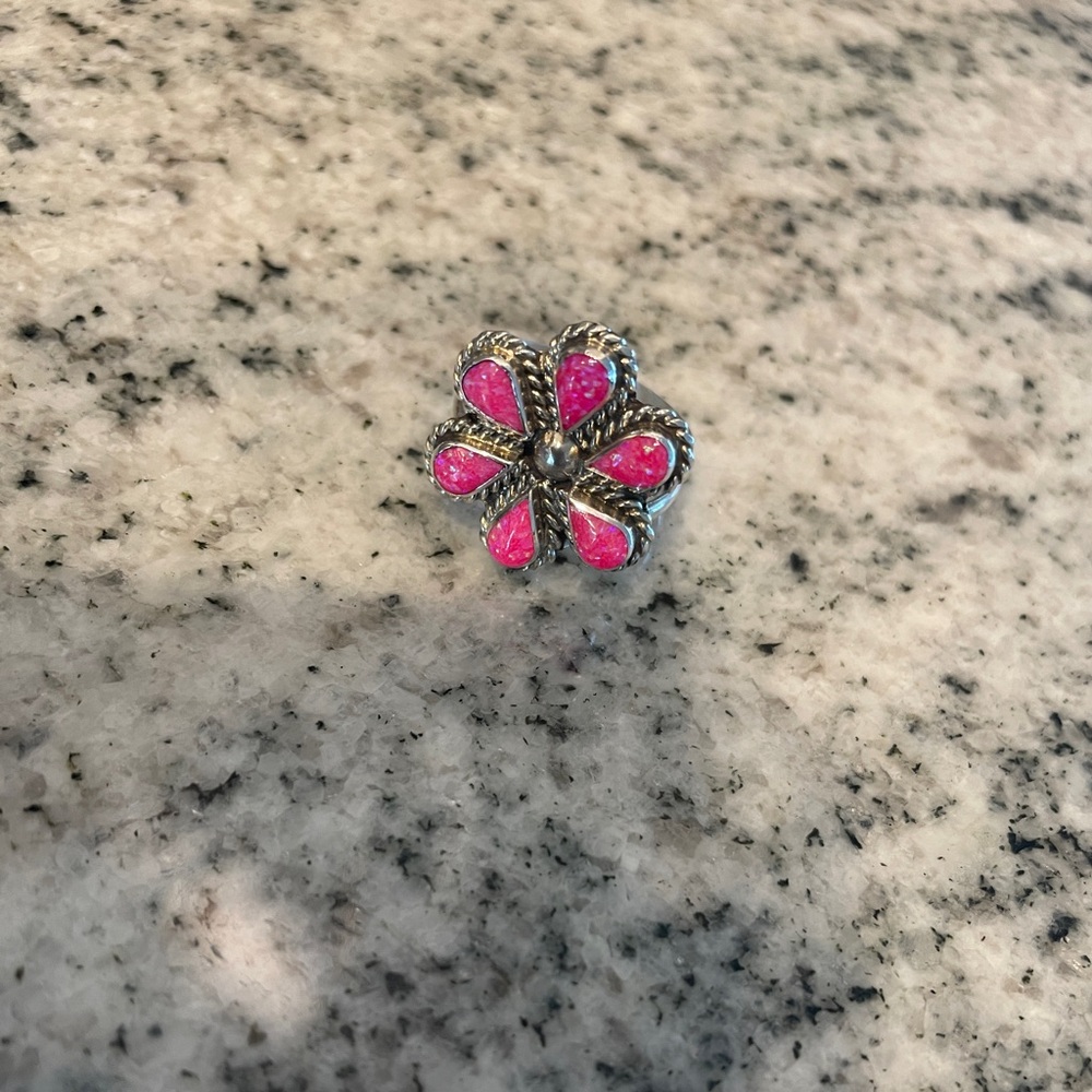 Pink Opal Flower Sterling Silver Ring
